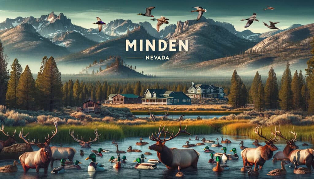 Scenic view of Minden Nevada homes for hunters, featuring mountains, forests, and wildlife such as ducks and elk.