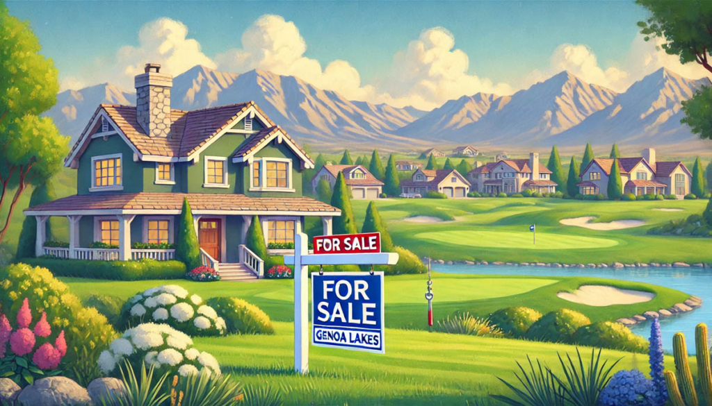 "Buying a home in Genoa Lakes, NV with a charming house and 'For Sale' sign against a backdrop of Genoa Lakes Golf Course, lush greenery, and Carson Valley mountains.