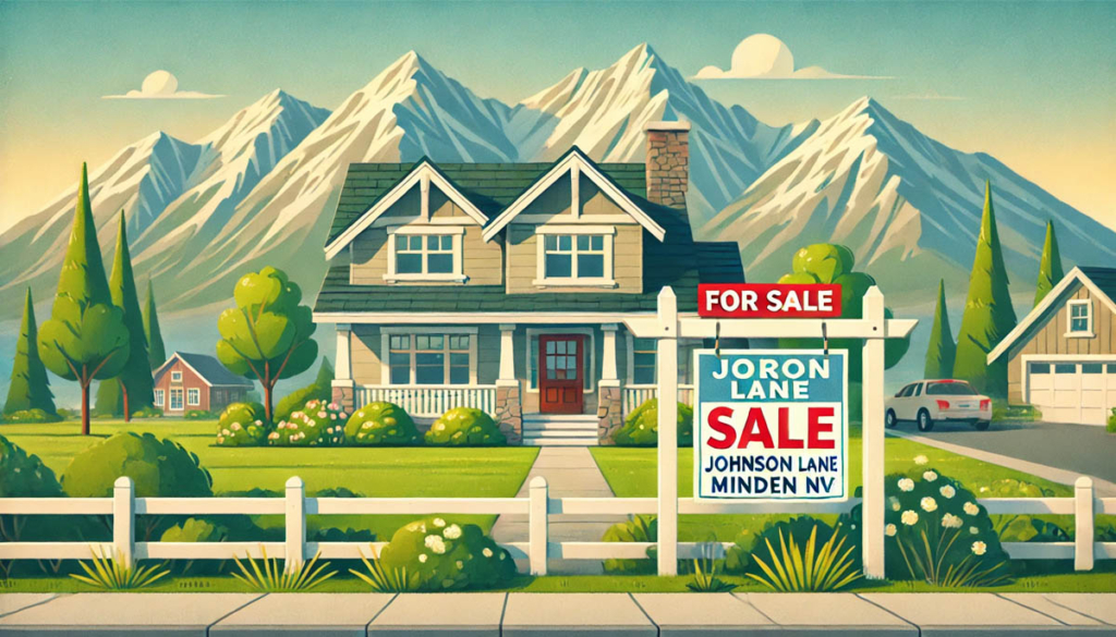 Buying a home in Johnson Lane Minden NV with a charming house and 'For Sale' sign against a backdrop of mountains and clear blue skies.