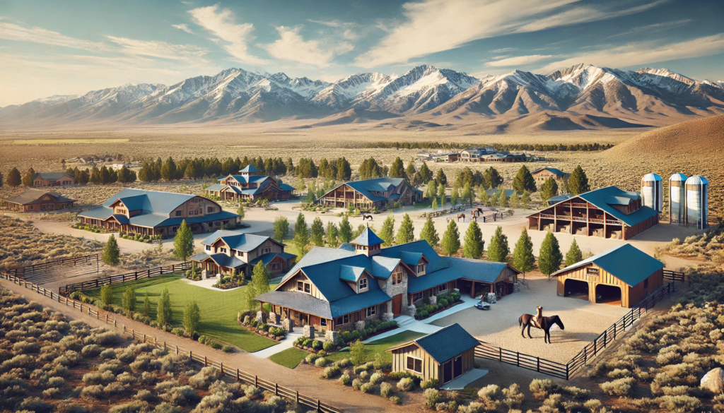 Moving to Fish Springs in Gardnerville NV, scenic view featuring equestrian properties with stables, large lots, and the Sierra Nevada Mountains in the background.