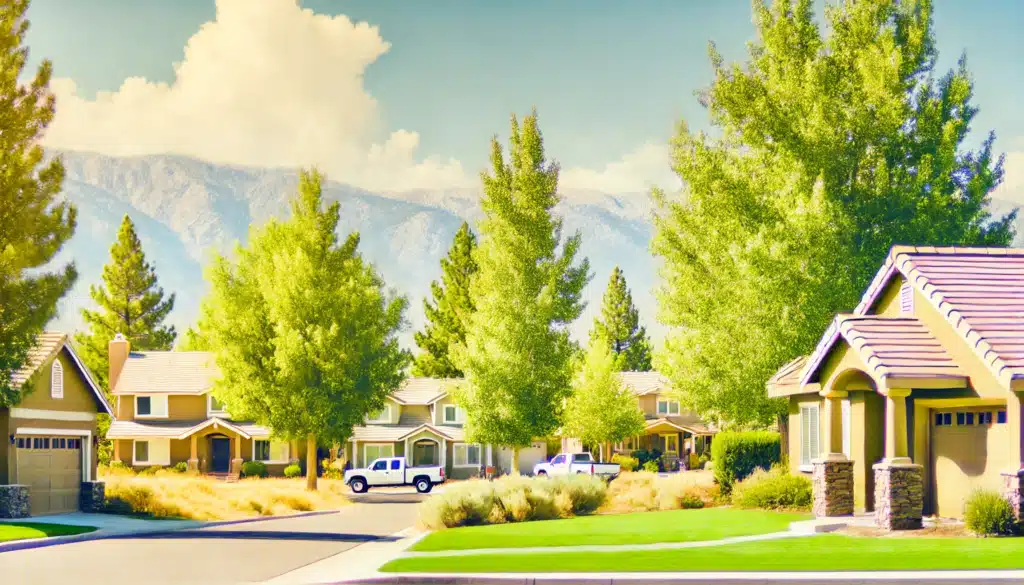 Charming neighborhood in Gardnerville NV with family homes, tree-lined streets, and the Sierra Nevada mountains in the background, showcasing a welcoming community.