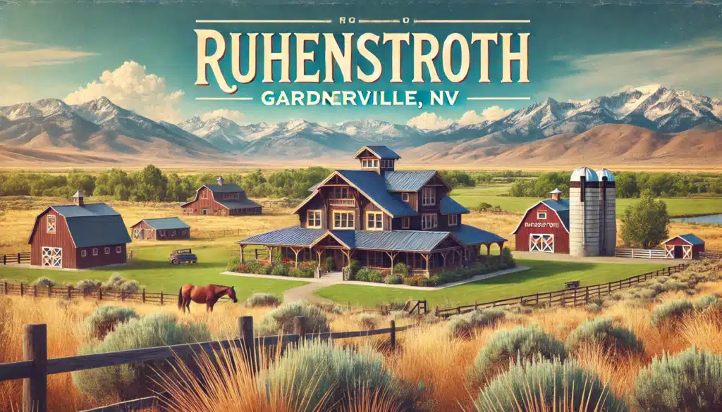 Picturesque landscape of Ruhenstroth in Gardnerville NV, featuring expansive equestrian properties, rustic barns, open fields, and the Sierra Nevada Mountains in the background. Moving to Ruhenstroth in Gardnerville NV