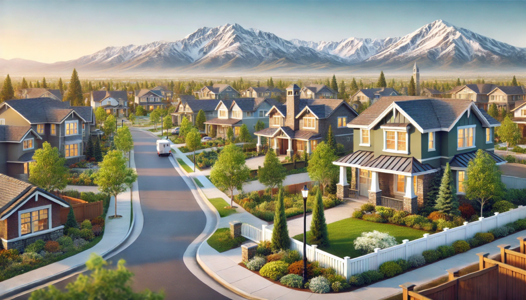 Serene depiction of the Chichester neighborhood in Gardnerville NV, featuring modern homes, tree-lined streets, landscaped yards, and the Sierra Nevada Mountains in the background.